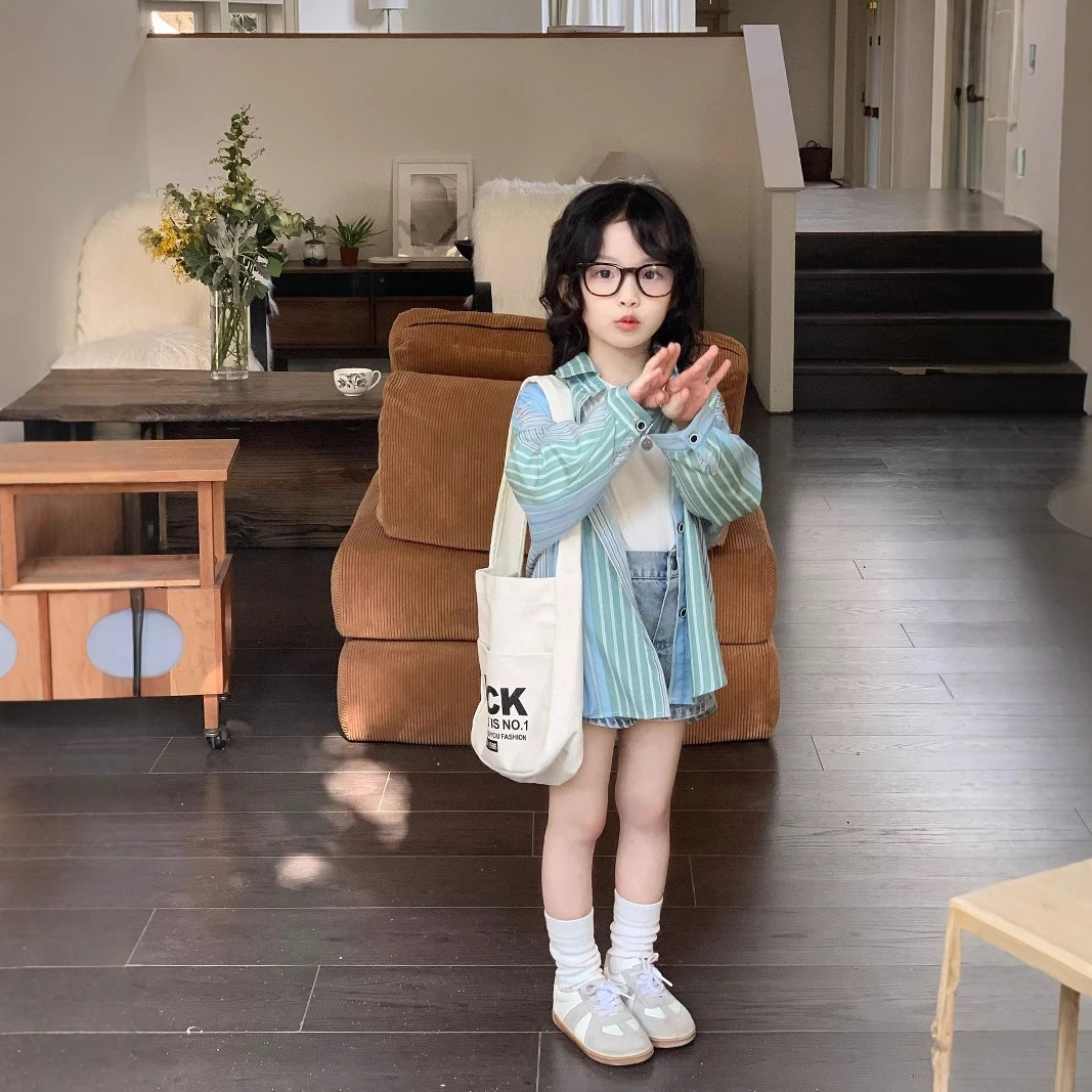 韩版洋气休闲轻薄条纹休闲衬衣儿童春夏装长袖女童防晒透气衬衫