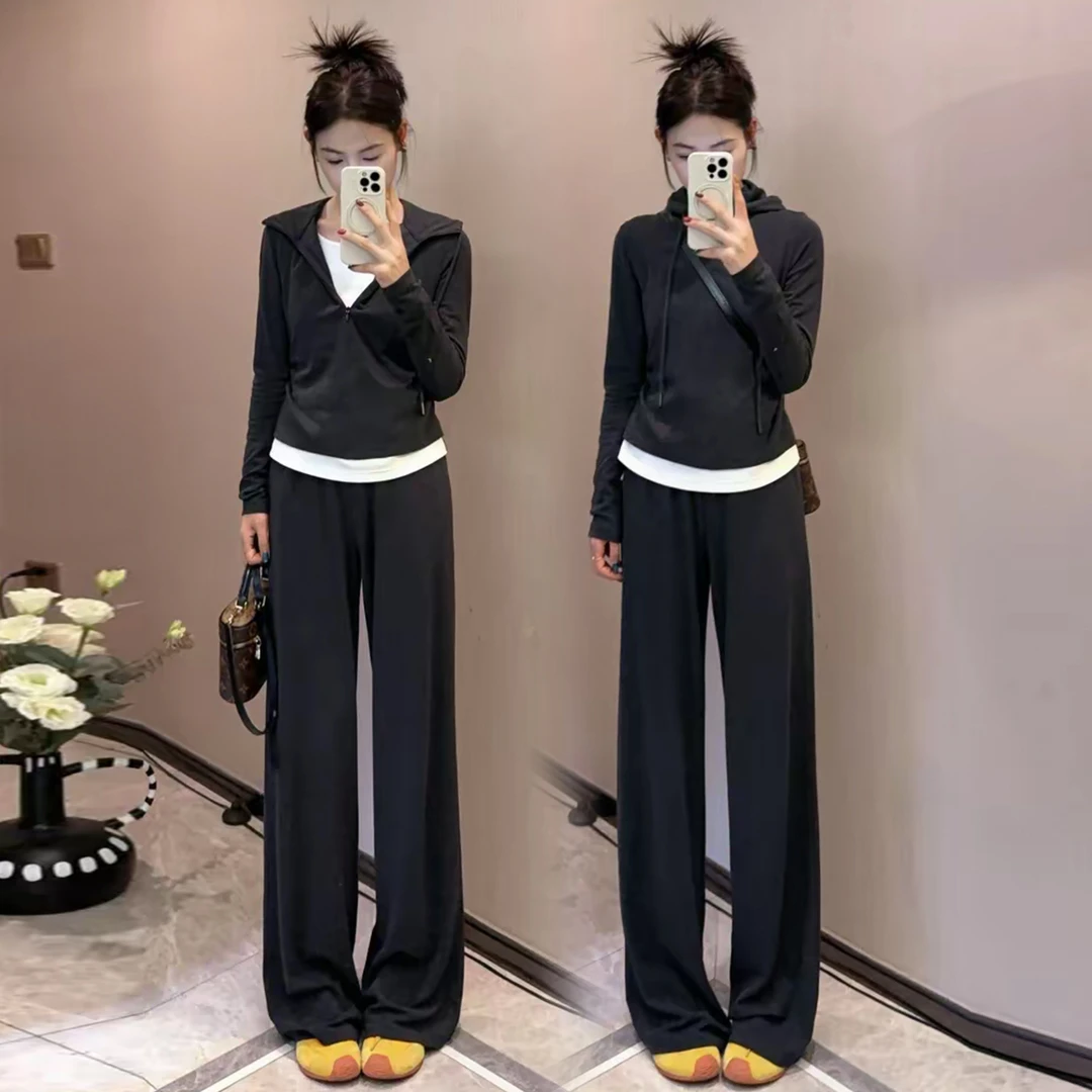 2025秋季新款时尚休闲套装女洋气显瘦假两件连帽卫衣阔腿裤两件套