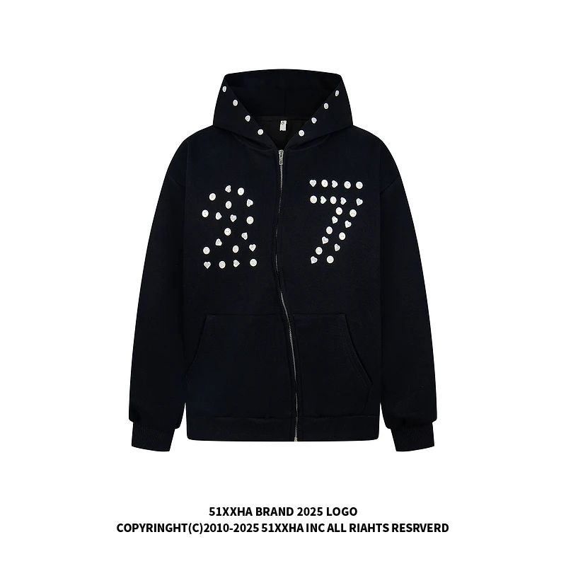 51嘻哈潮牌美式字母纽扣装饰连帽卫衣男复古vintage宽松上衣外套