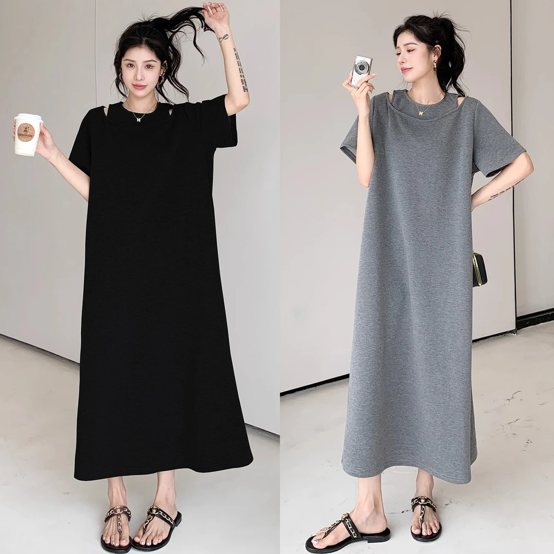 韩版宽松休闲假两件灰色露肩连衣裙女夏季2025新款慵懒风t恤长裙