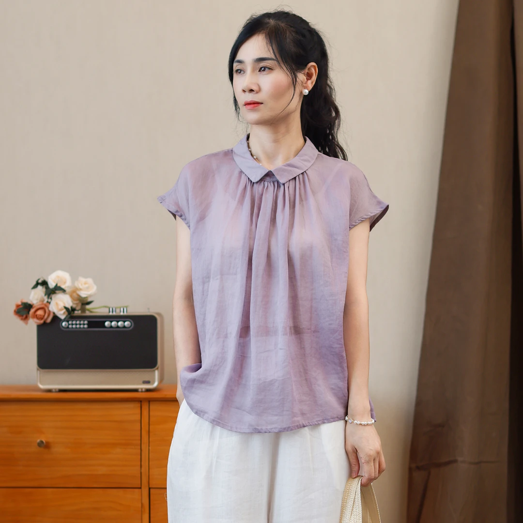 【美莲】夏季翻领两面穿纯色设计感苎麻小衫宽松休闲百搭修身显瘦