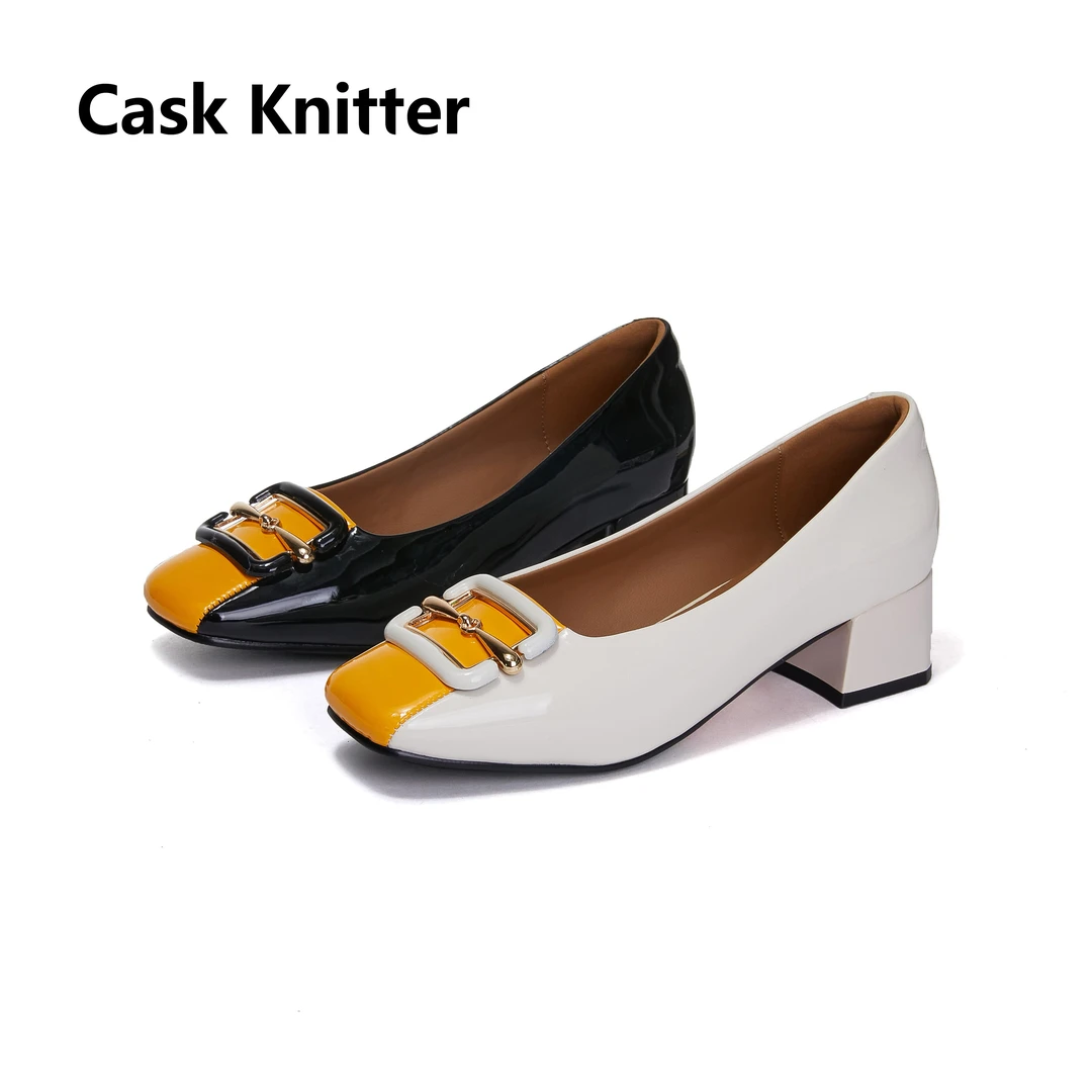 Cask Knitter 2516单鞋低跟秋季百搭皮女真皮方头鞋