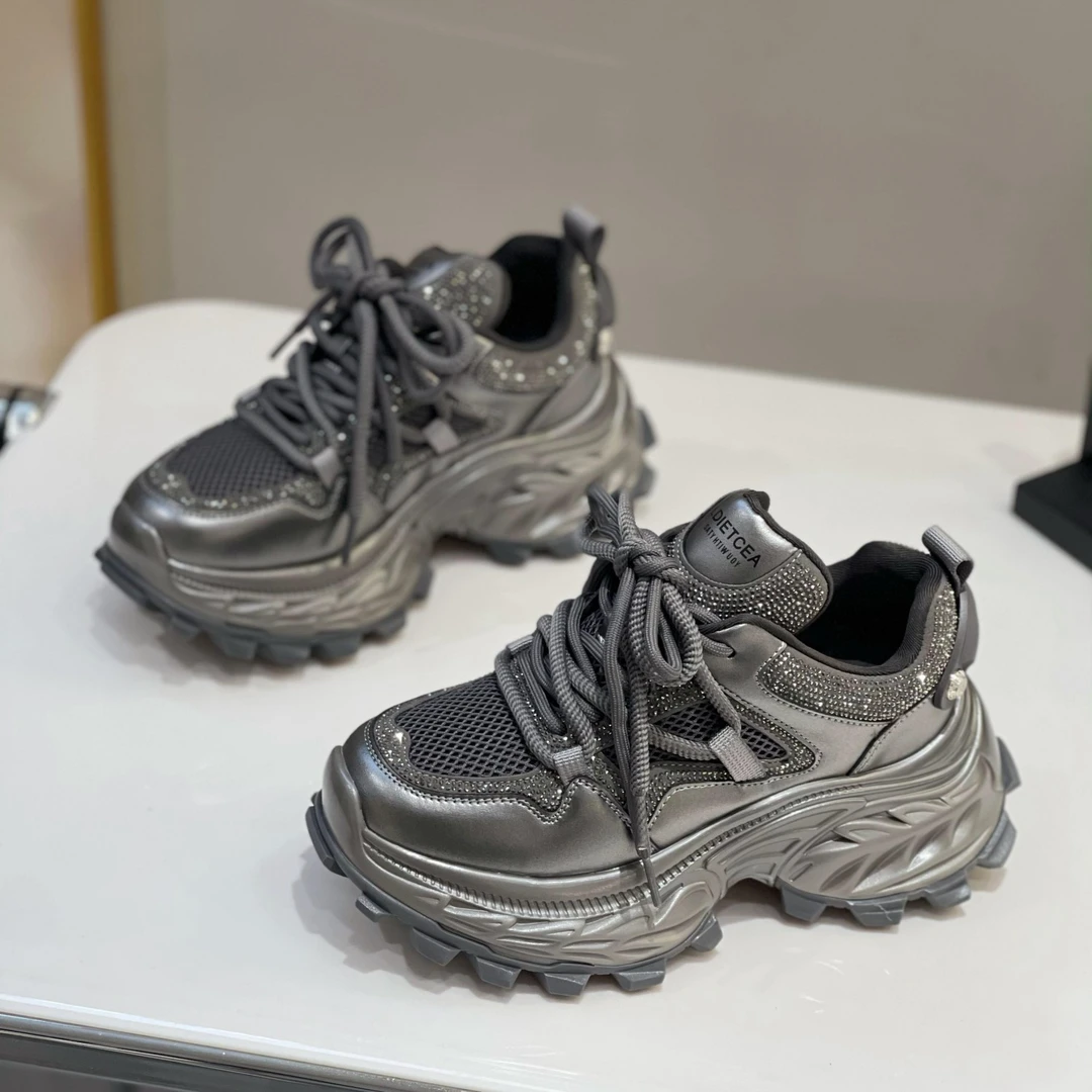 欧货爆款老爹鞋女2025秋季新款百搭时尚炸街显腿长贴钻系带休闲鞋