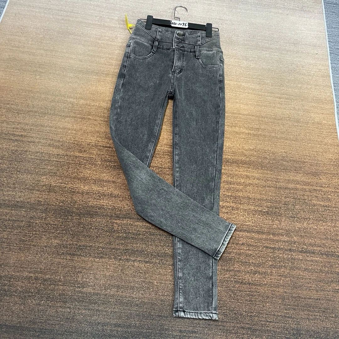 #H2-1296 加绒-厚绒 高货黑灰色3扣高腰小脚裤 高弹（不换退）