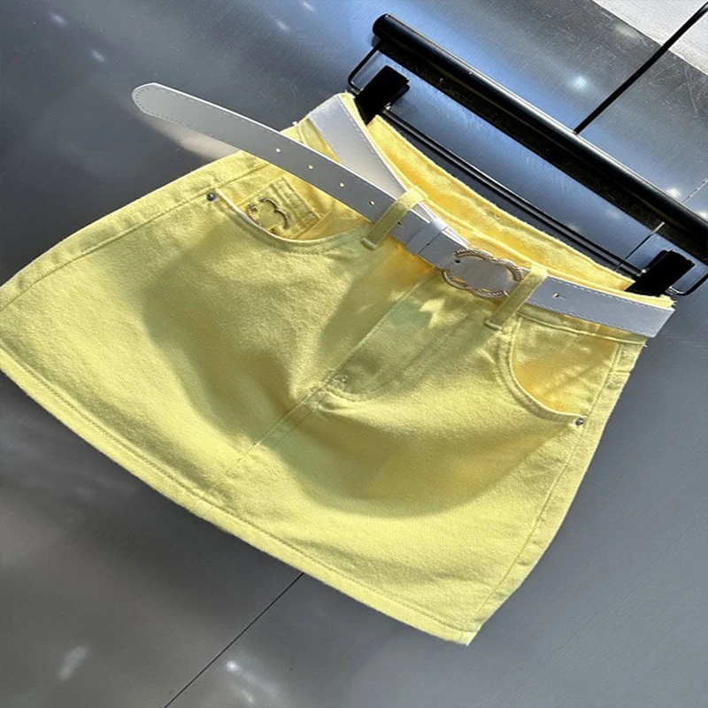 黄色韩系小众百搭牛仔半身裙女夏季新款刺绣设计感防走光a字短裙