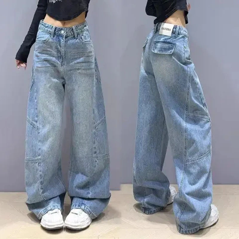 牛仔阔腿裤女款春秋季宽松显瘦休闲裤复古潮牌渐变设计牛仔长裤
