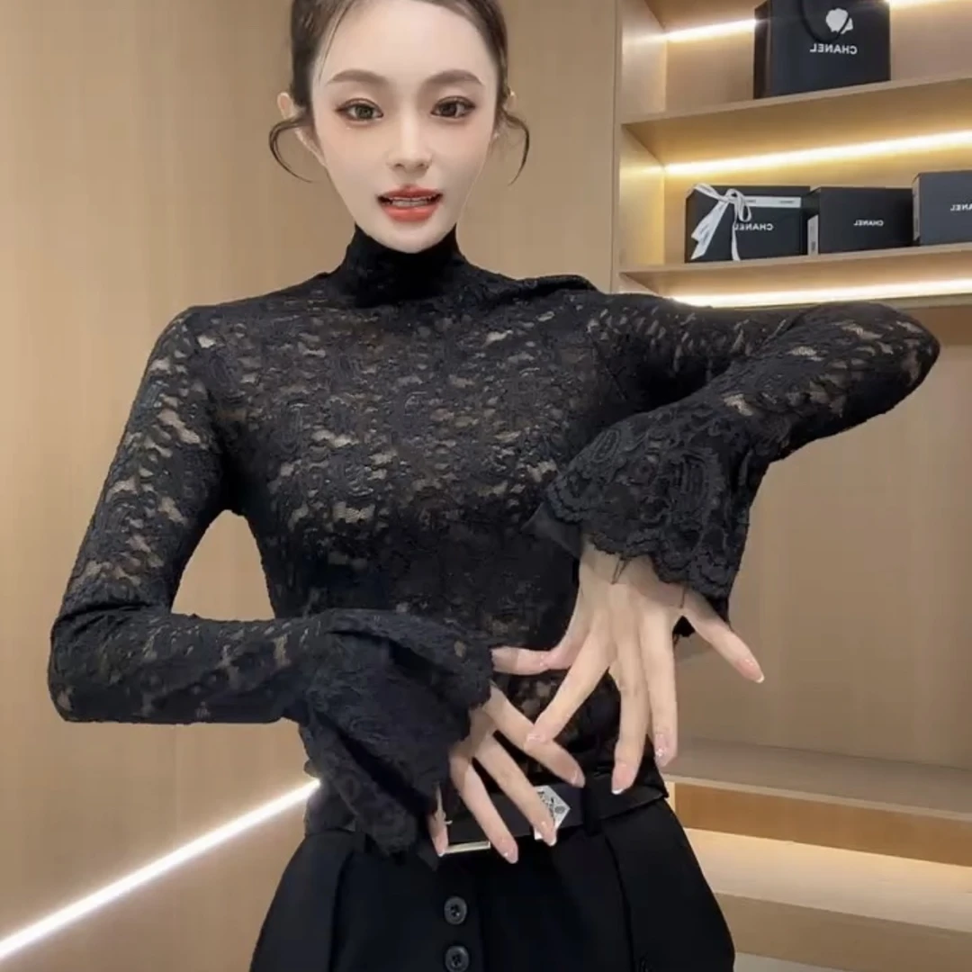 女士高领蕾丝打底衫秋冬新款修身内搭网纱上衣小衫