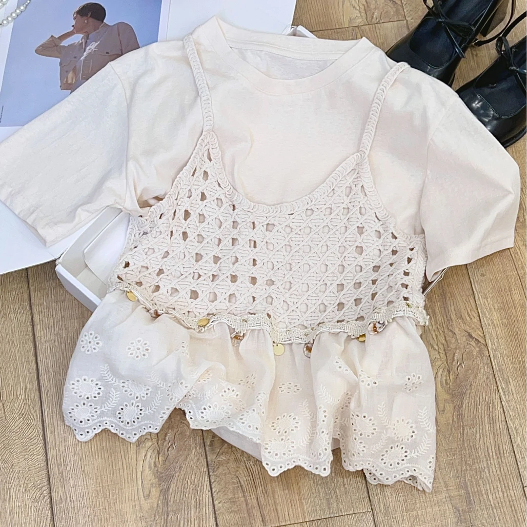 琳心丨夏季新款米白色镂空假两件吊带背心衬衫 HM7907