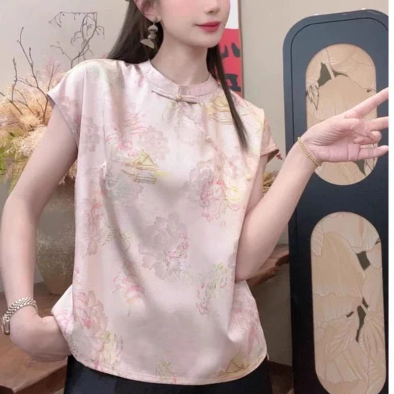 【粉黛~370】立领上衣女百搭新中式时尚斜襟薄款衬衫