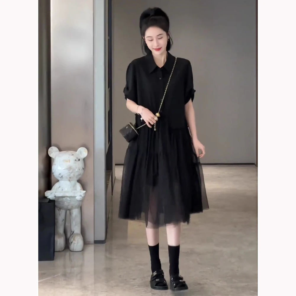 高端精致气质赫本风小黑裙女2025夏季新款宽松显瘦拼接黑色连衣裙