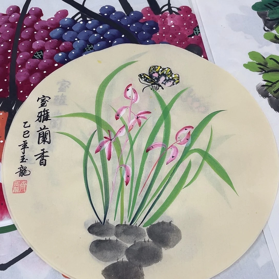 国画国画作品书法作品原稿圆形兰花