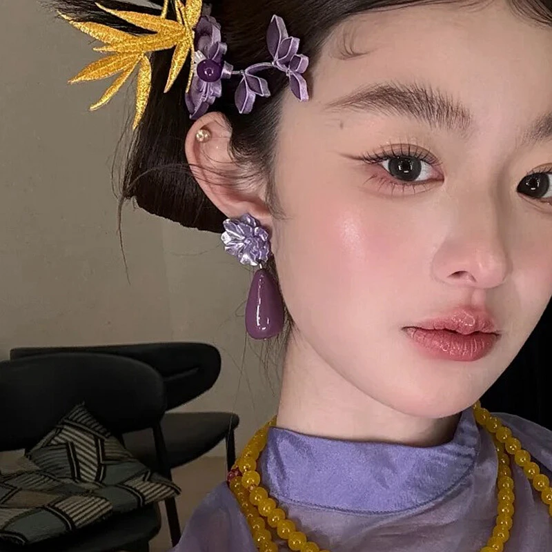 水舞高级感新中式水滴紫色花朵耳环温柔耳坠紫色耳钉