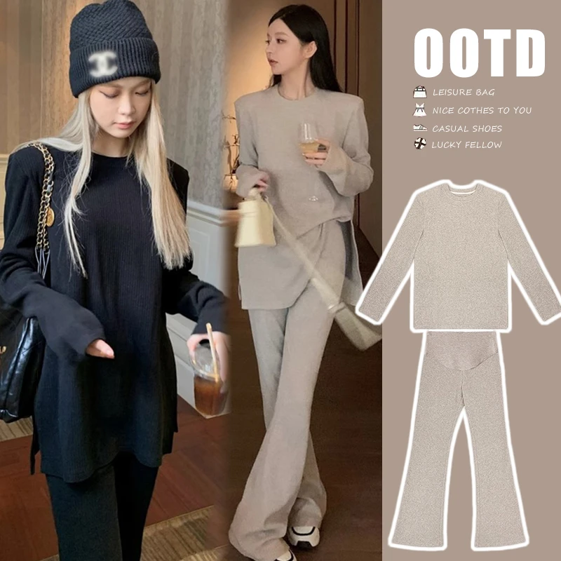 孕妇装秋装设计感坑条上衣喇叭休闲裤子孕妇套装春秋季针织两件套