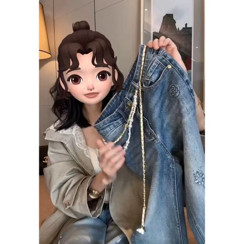 飞芊娅春季新款高腰重工压花直筒牛仔裤女时尚百搭显瘦九分烟管裤