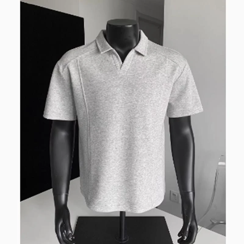 浅灰色重磅男士海鸥领polo衫正肩美式v领短袖t恤修身boxy短宽半袖