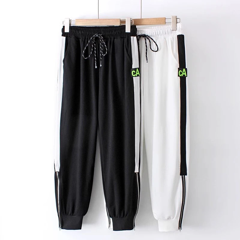 ZY690贴标系带松紧腰运动卫裤大码女装裤脚侧拉链休闲裤百搭显瘦