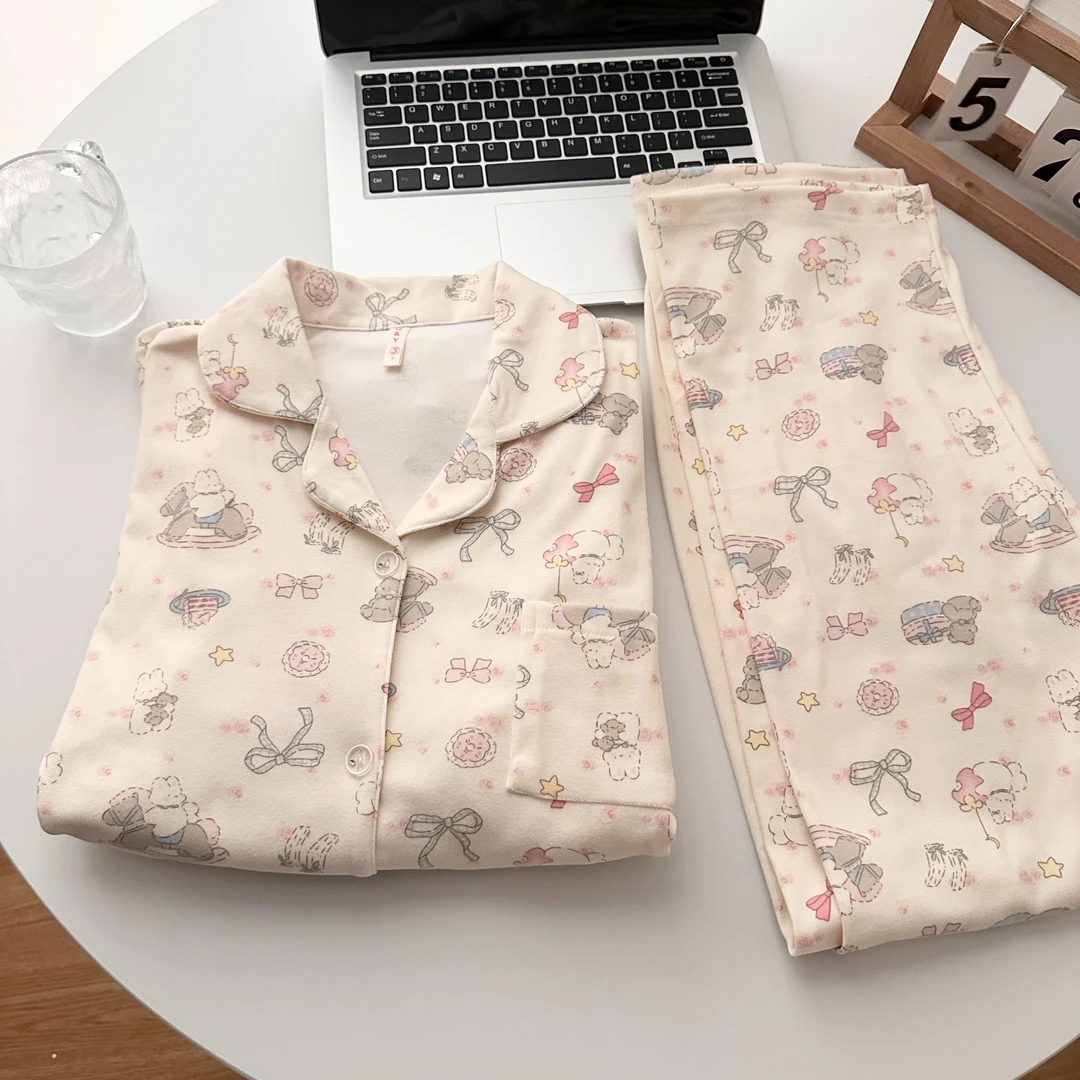 德绒睡衣女春秋季开衫长袖保暖两件套装家居服冬天秋衣秋裤可爱