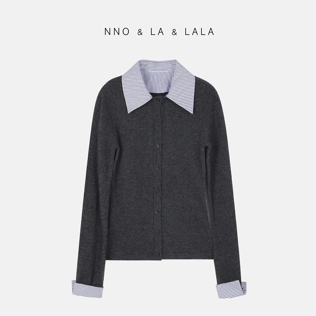 LA小众 条纹衬衫领 可拆卸 假两件 针织上衣  26709