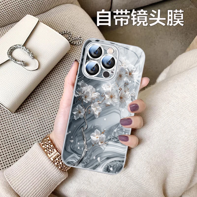 防摔苹果15promax手机壳适用iPhone16pro月影梅花15pro网红女款14