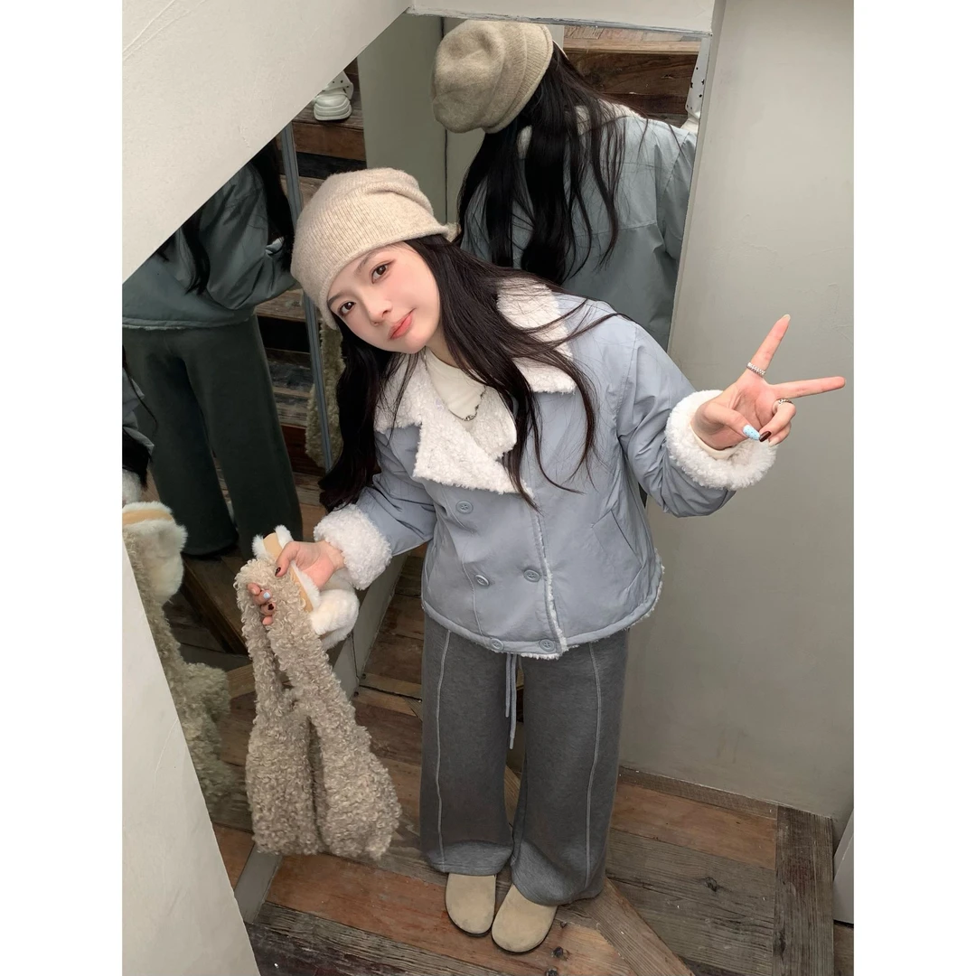 YO定制冬季韩系简约加厚毛毛翻领棉服时髦减龄宽松保暖棉衣外套