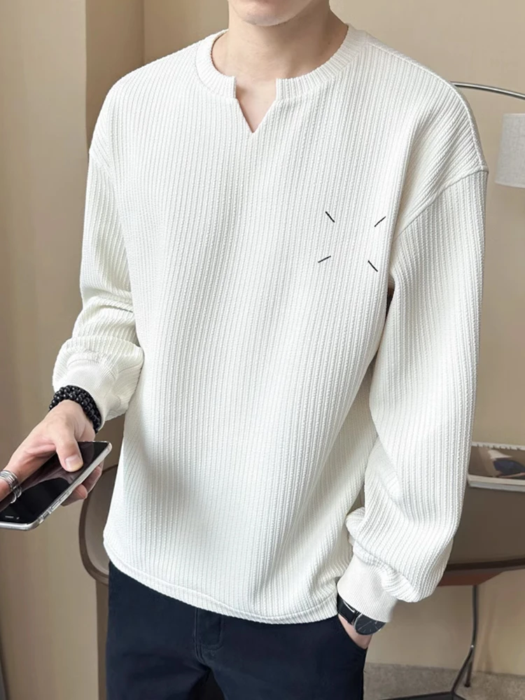 慵懒风褶皱V领宽松卫衣男秋季内搭上衣春秋款白色长袖T恤打底衫男