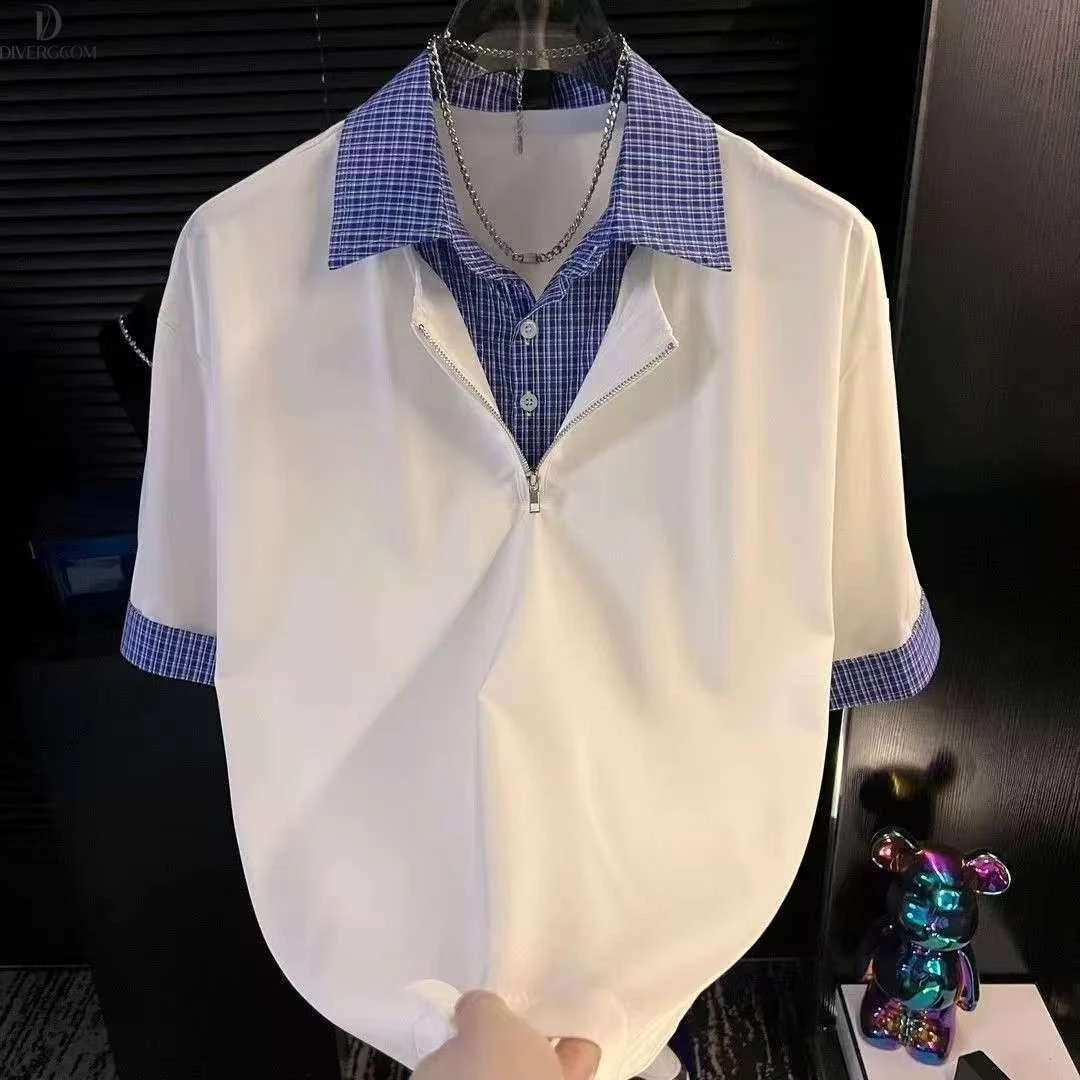 DIIIVERGOM夏季高级感假两件短袖衬衫男士新款韩版痞帅拼接格子半