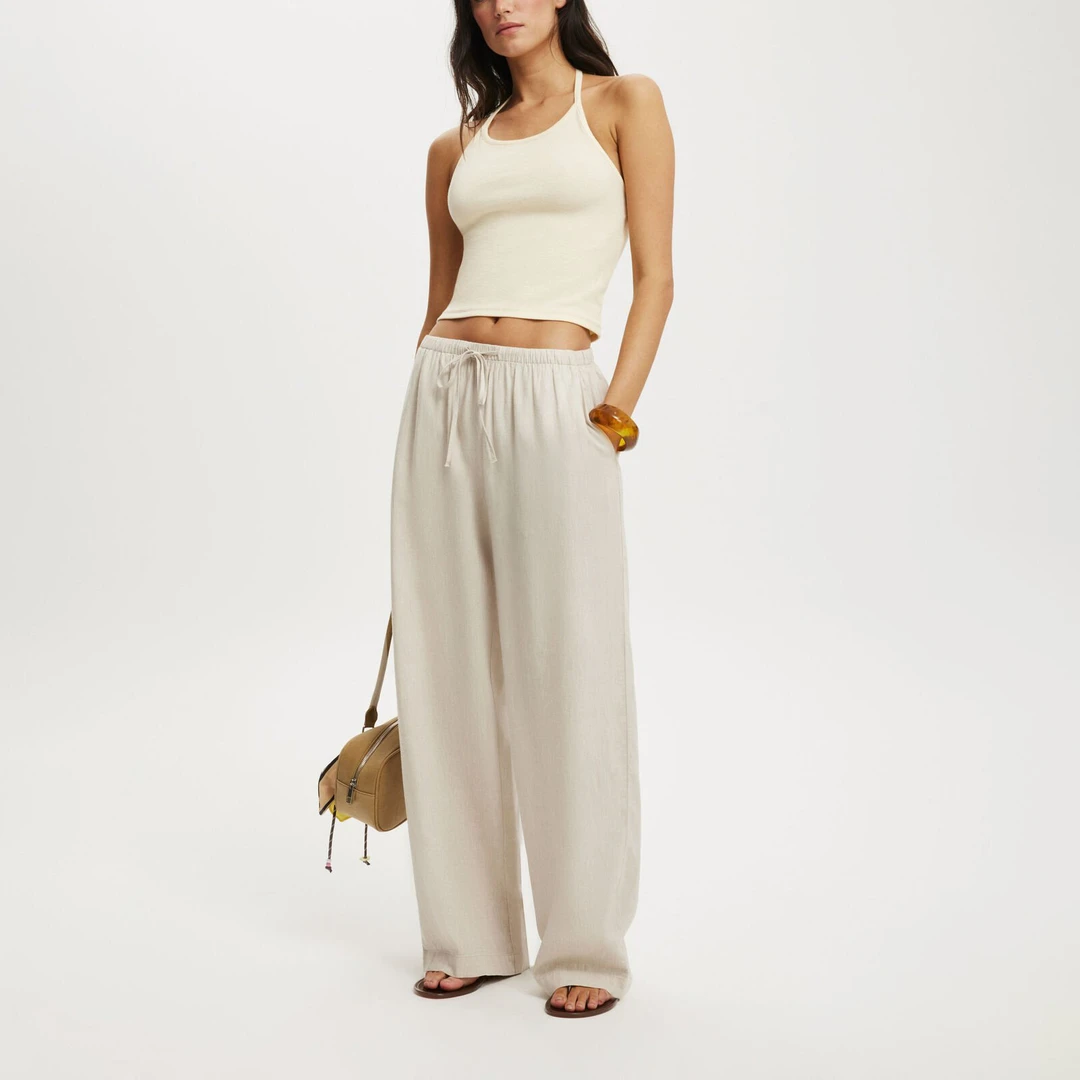 （设计感亚麻阔腿裤）欧美单慵懒风时尚百搭抽绳松紧腰直筒裤G