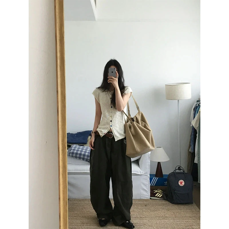 夏季显瘦修身穿搭设计感简约风针织上衣休闲简约时尚百搭宽松长裤