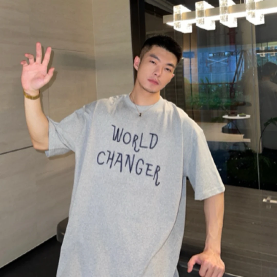 RIVER STUDIO/夏季立体刺绣字母圆领印花短袖T恤