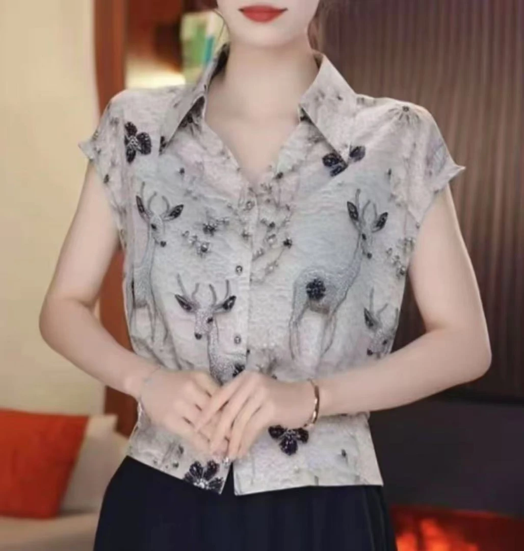 夏季时尚显瘦气质小衫印花休闲短袖衬衫宽松型碎花百搭上衣