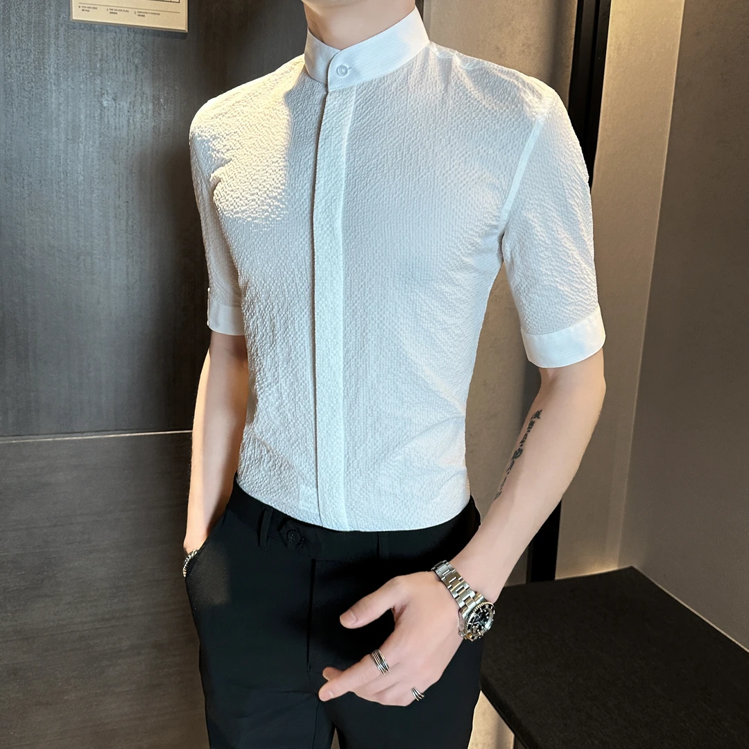 夏季薄款透气泡泡纱立领中袖衬衫男款2025新款痞帅高级感短袖衬衣