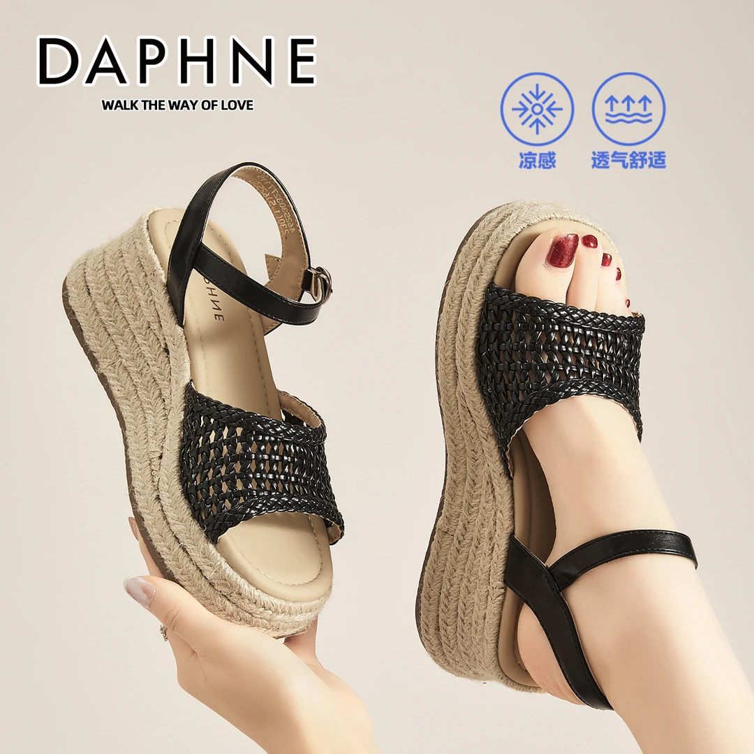 达芙妮露趾厚底坡跟外穿一字扣罗马鞋2025秋季新款小个子超高跟鞋