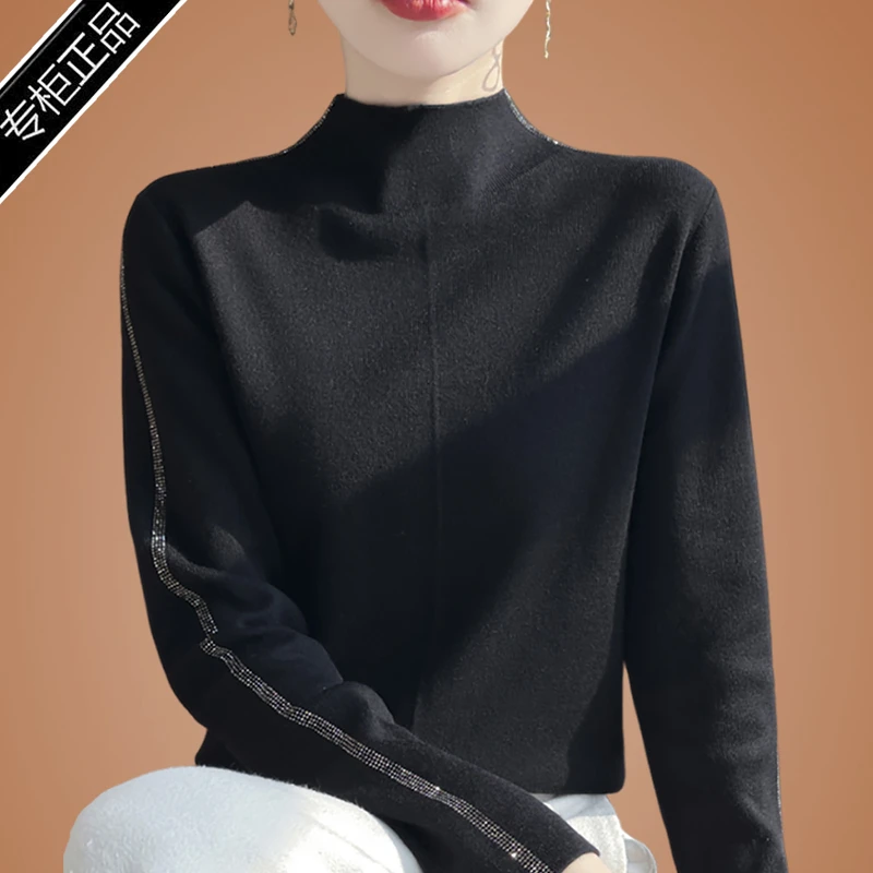 正品哥第新款时尚气质羊毛衫女半高领法式洋气烫钻针织衫秋冬毛衣