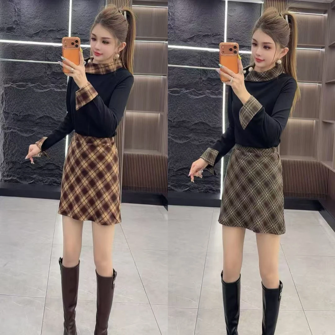 冬季6734 设计感翻领上衣 加 短裙 两件套