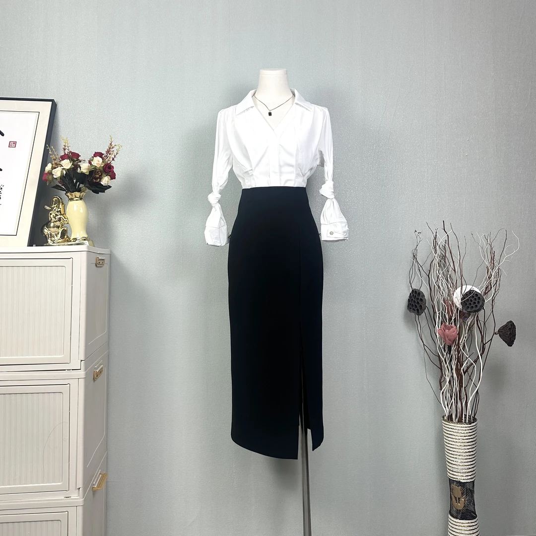 春秋季新款后拉链高腰修身显瘦气质百搭前开叉不对称中长半身裙女