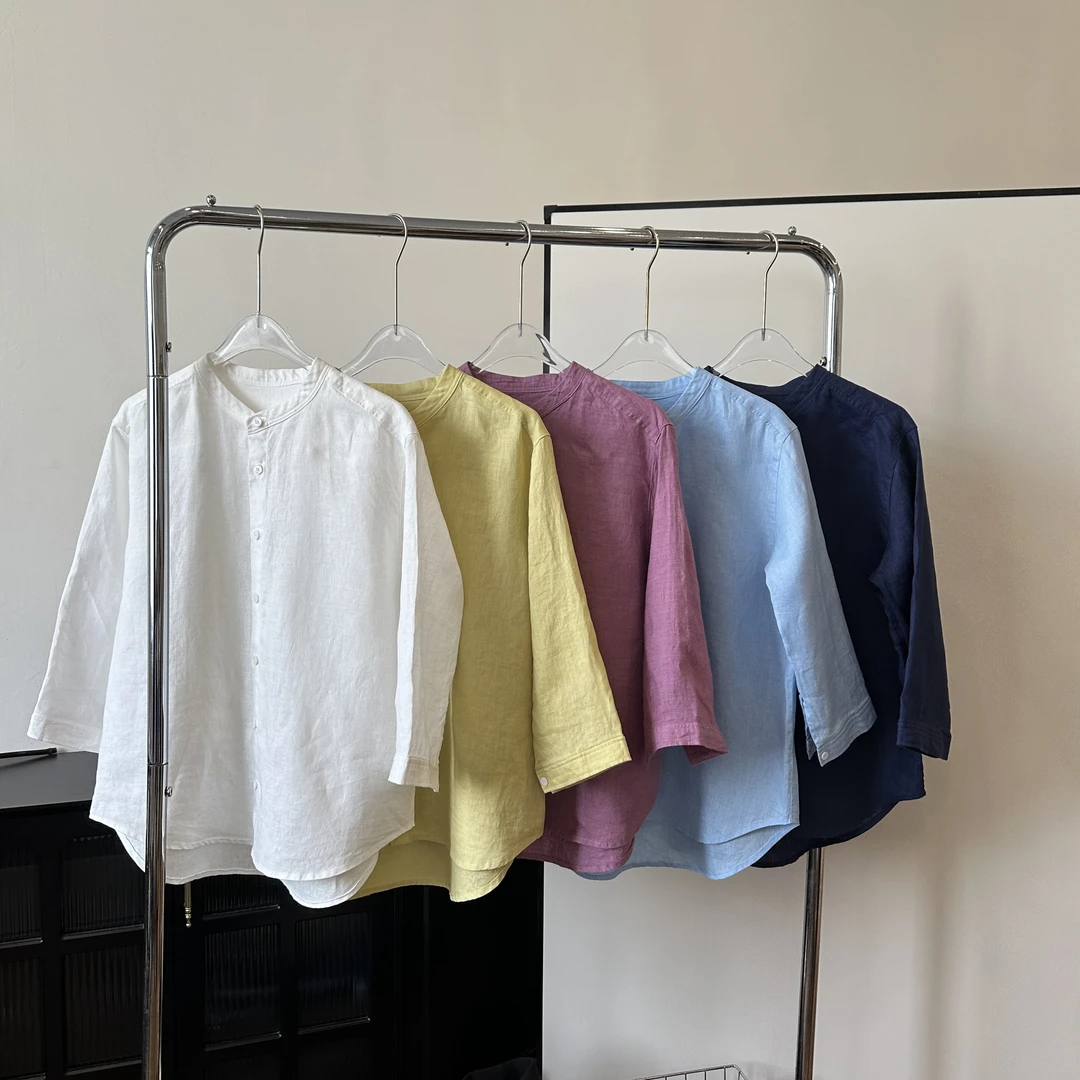 【柳条儿】“缤纷夏日”小漂亮！9分袖纯亚麻小立领衬衣防晒衬衣女