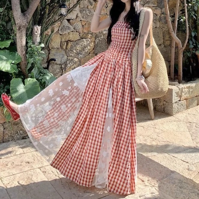 【XIXIJIA】〔6322〕法式度假格子蕾丝拼接连衣裙气质收腰显瘦复古裙