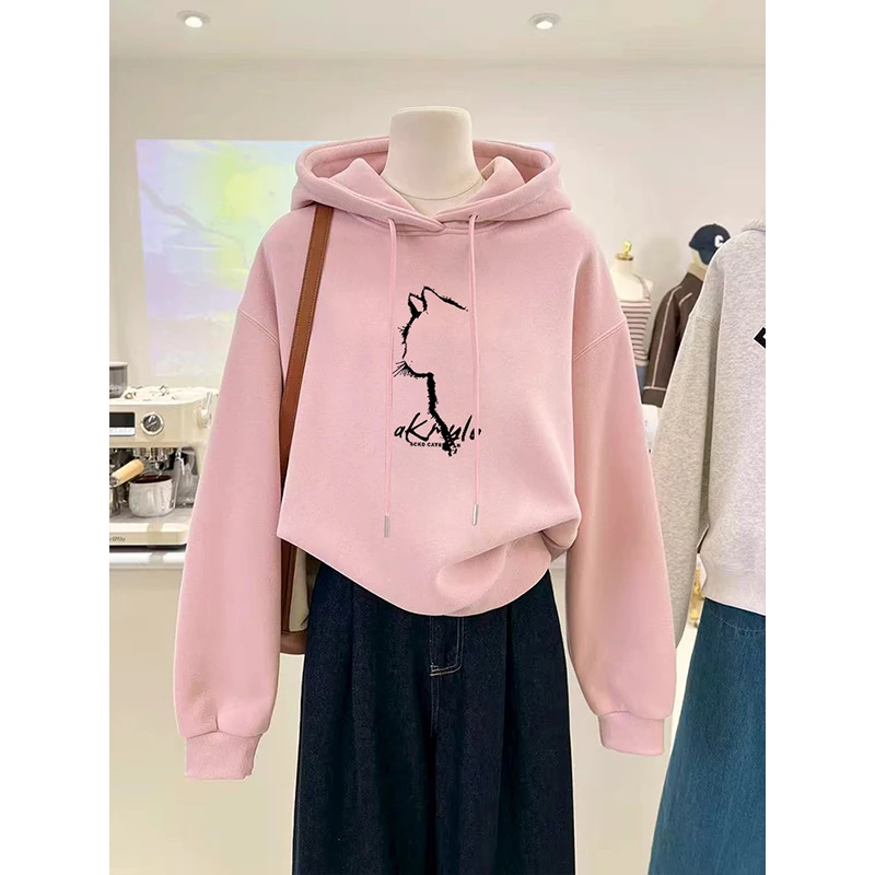 粉色短款连帽卫衣女2025秋冬新款时尚爆款加绒加厚洋气设计感上衣