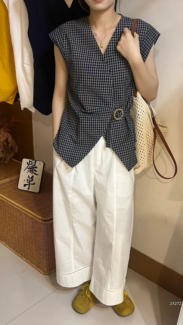 夏季宽松型格子无袖衬衫休闲中式时尚风上衣