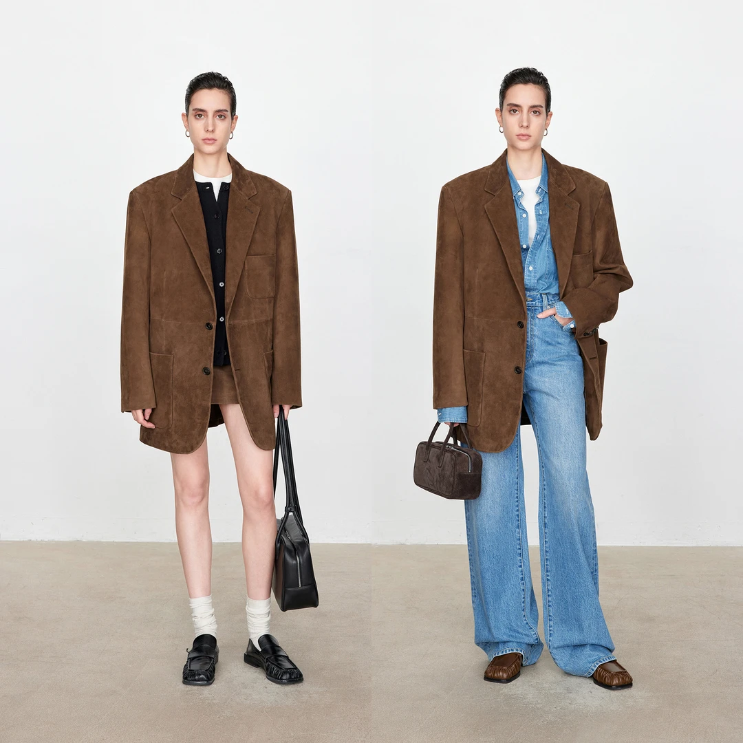 美拉德老钱风柔雾感VTG仿羊反绒麂皮西装外套时髦高级感廓形显瘦