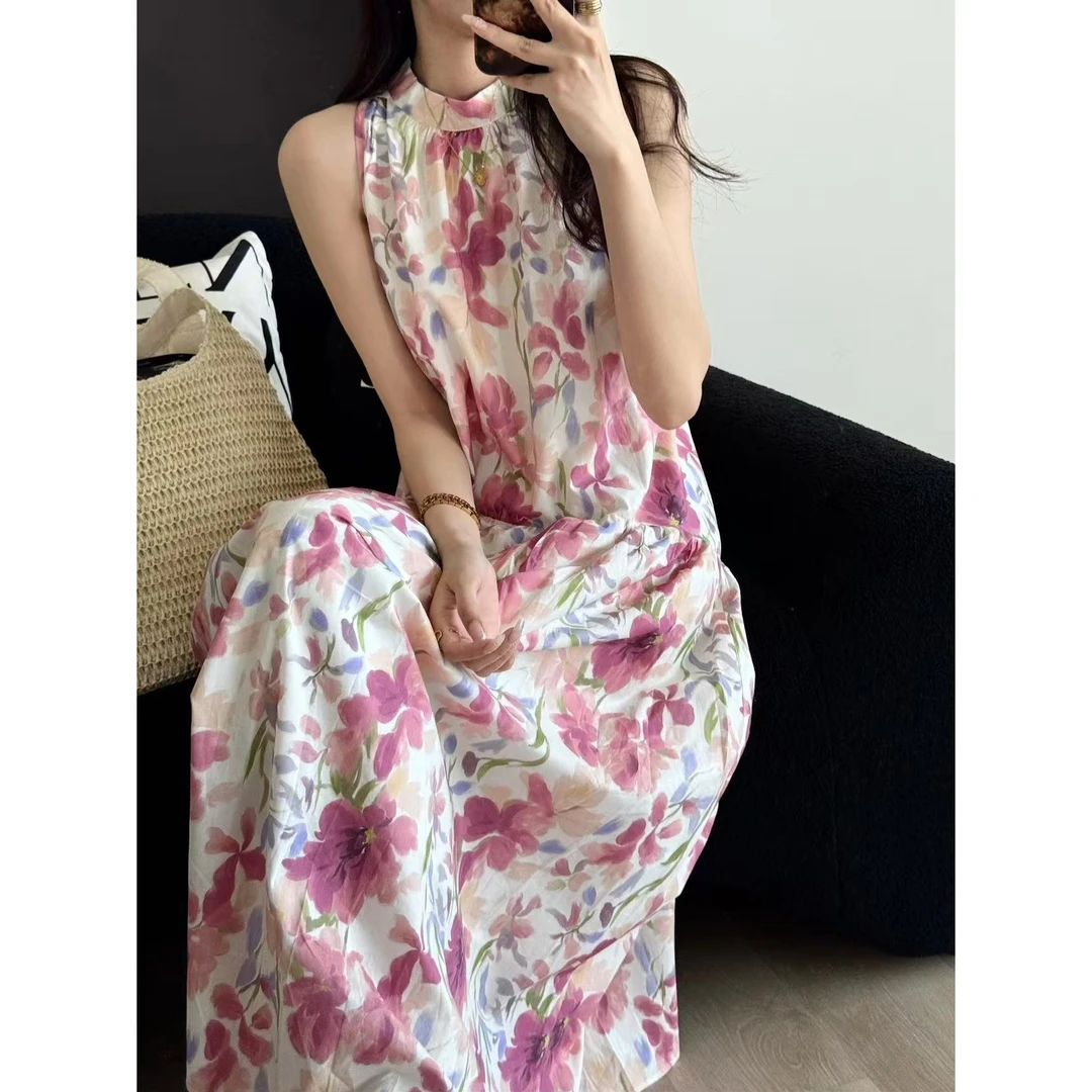 SP 【岛国樱花】粉色碎花挂脖吊带连衣裙女宽松度假长裙显瘦配包包