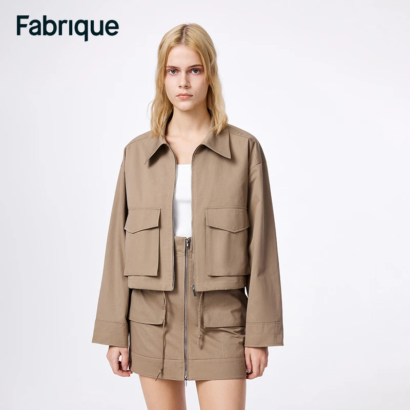 【Fabrique】孟大宝同款卡其色金属拉链工装口袋夹克长袖短外套女装