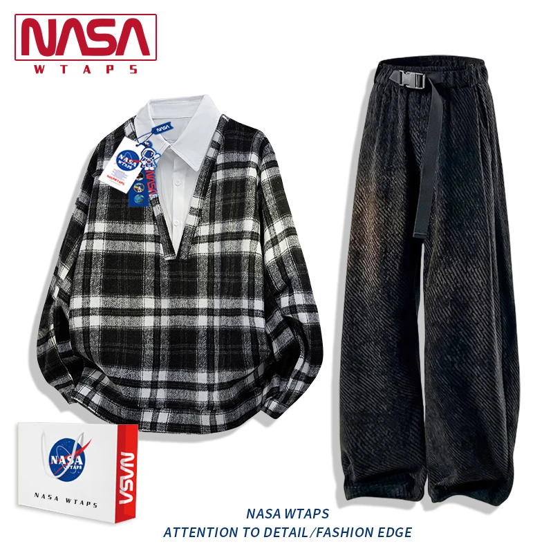 NASA WTAPS痞帅男装一整套装秋季新款潮大男孩V领长袖衬衫休闲服