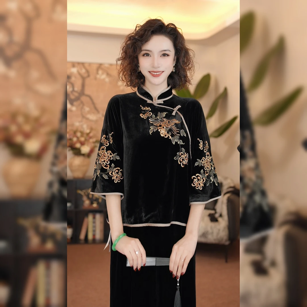 【凤凰】满分桑蚕丝上衣女新中式重工刺绣丝绒小衫LYFSY1006