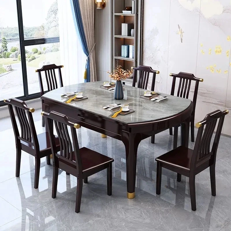 新中式实木岩板餐桌折叠伸缩餐厅桌子方圆两用餐厅餐桌椅组合