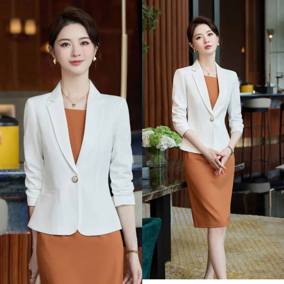 白色长袖西装外套女春秋2025新款职业套装裙气质西服连衣裙两件套