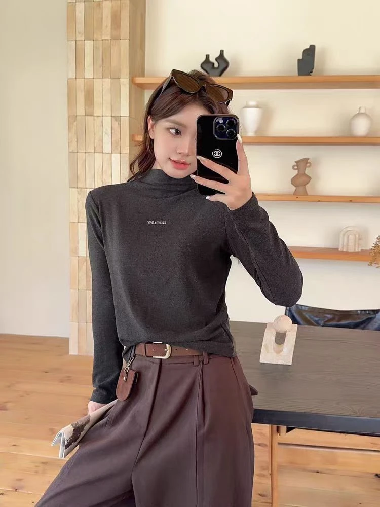 韩版半高领字母修身打底衫女秋冬保暖内搭#613220
