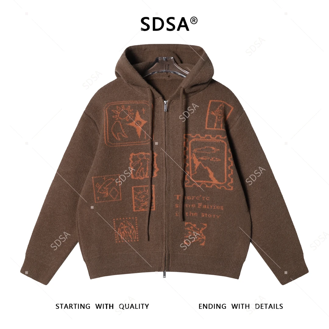 SDSA秋冬新款痞帅男装撞色趣味图案拉链连帽毛衣百搭开衫针织衫
