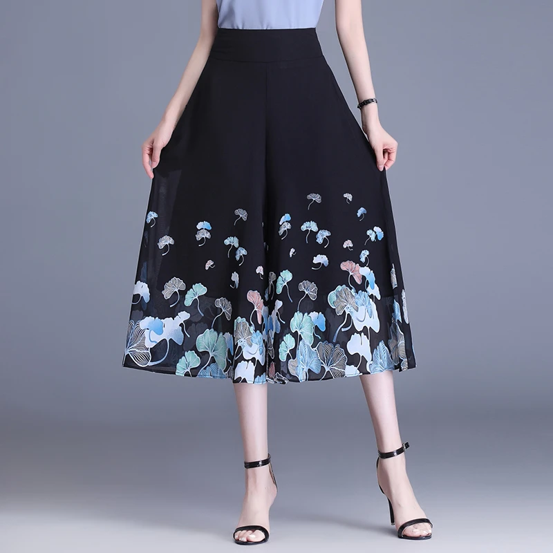 拉夏贝尔七分裤夏季薄款女印花裙裤2025小个子雪纺阔腿裤宽松裤裙