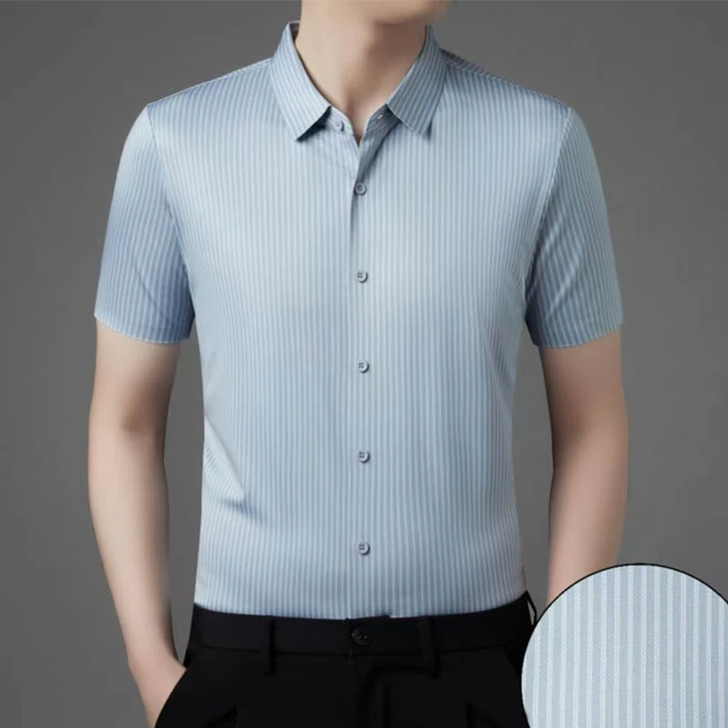 808【短袖衬衣】夏季新款中老年男士短袖衬衫竖条弹力透气爸爸装